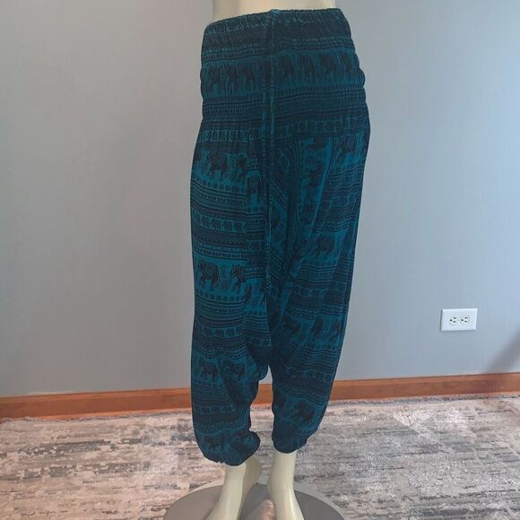 Turquoise and Black Elephant Harem Pants Free Size - Picture 1 of 9